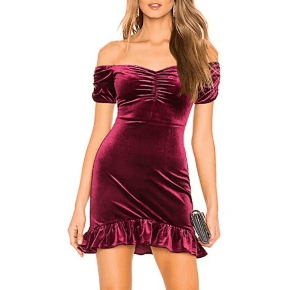 Privacy Please Riley Burgundy Maroon Velvet Ruffle Hem Mini Dress Size Small